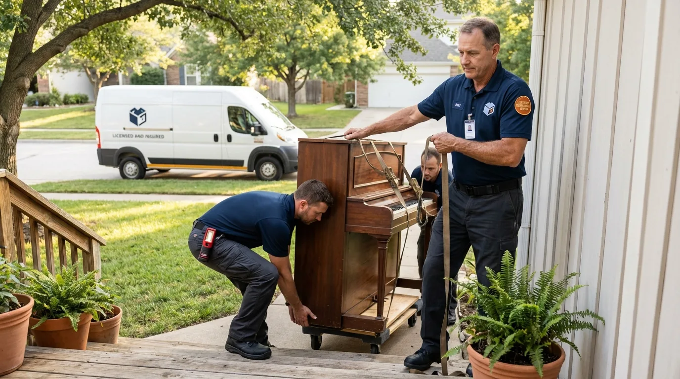 Licensed piano movers securing grand piano in Monument, CO